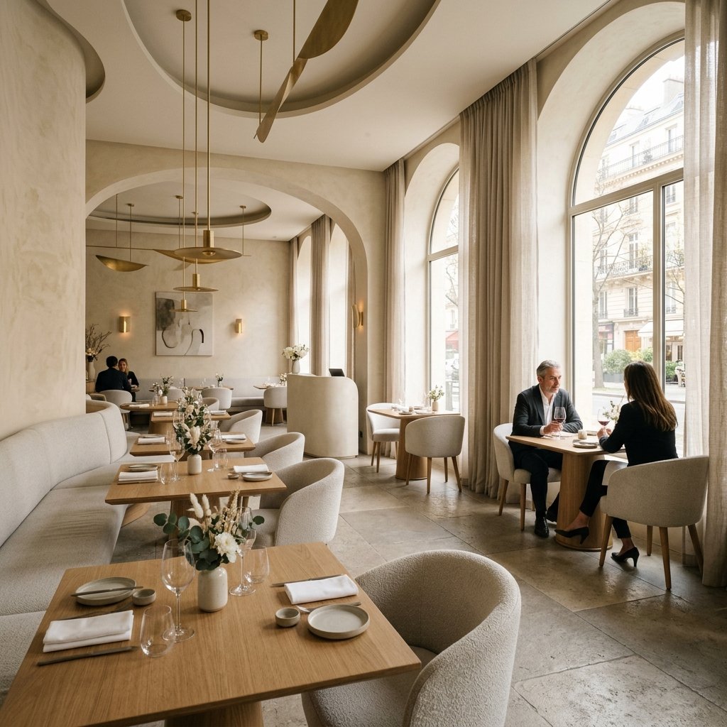 L’intérieur épuré du restaurant Sillage, lumière douce et design intemporel